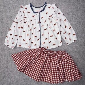 Pink Chicken White Top with Brown Horse Print & Brown Gingham Skirt